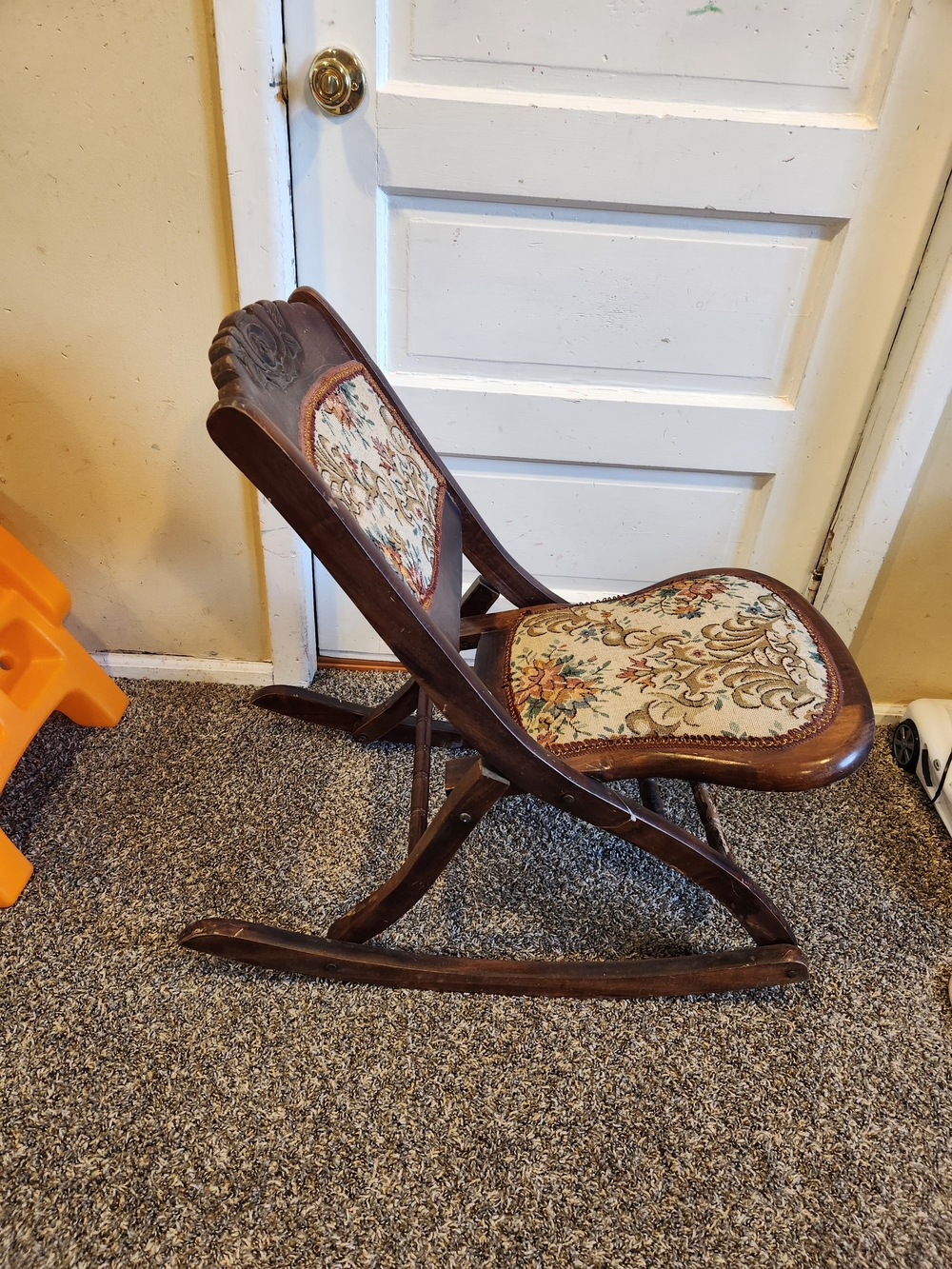 Antique Floral Upholstered Wooden Folding Rocking Chair - Brown - Picture 2 of 12